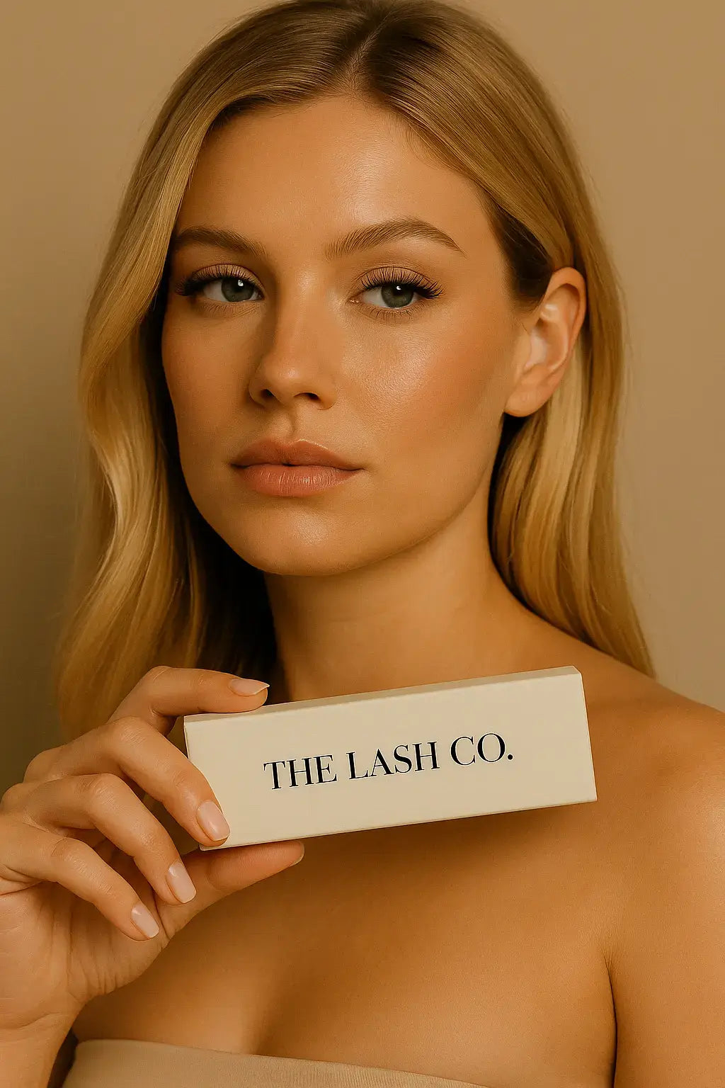Model holding the lash co box